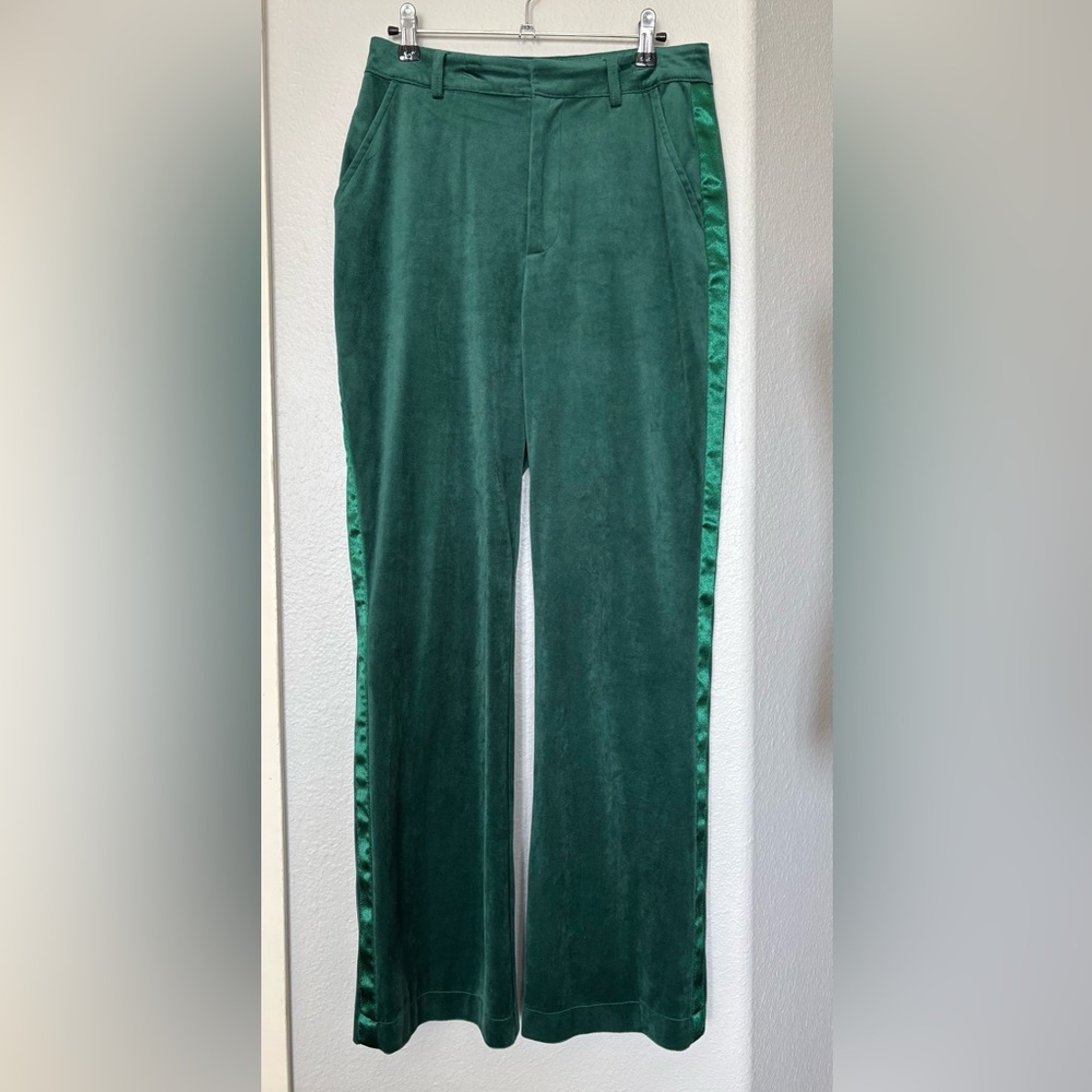 Avec Les Filles Wide-Leg Velvet Tuxedo Pants Women 6 Emerald Green Slash Pockets